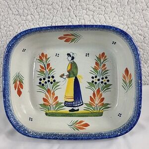 Henriot Quimper France Hand Painted Breton Woman Rectangular Dish 475 Blue White